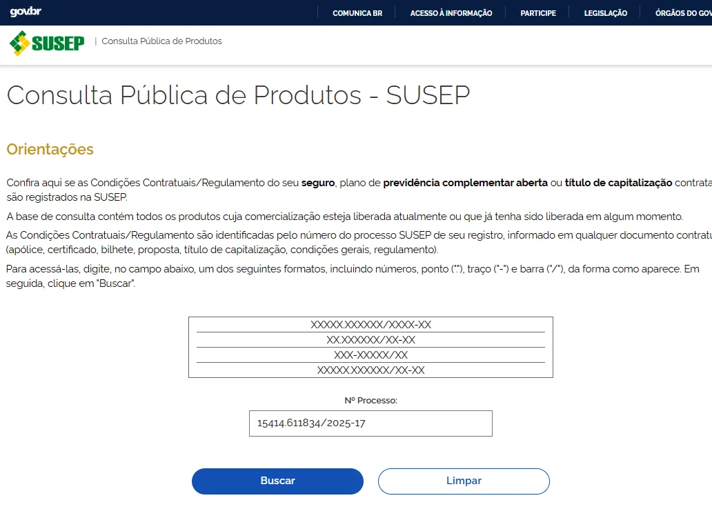 Consulta pública de produtos da SUSEP com o processo 15414.611834/2025-17